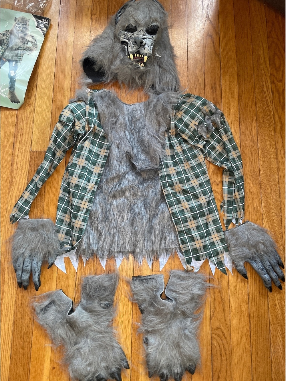 Werewolf Costume Kids XL 12-14 Faux Fur Plaid Shirt Mask Gloves Shoe Covers
